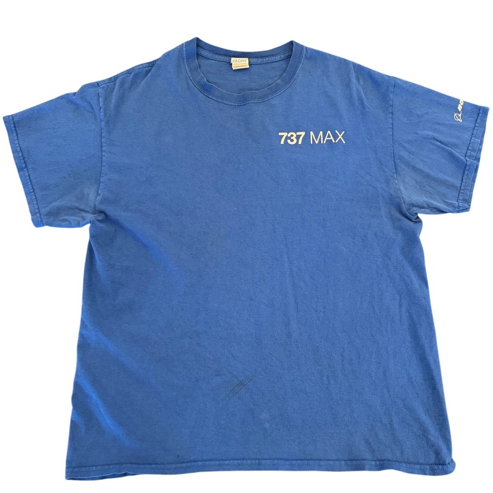 Boeing 737 MAX Safety Quality Integrity Graphic T-Shirt Blue Mens Large Gildan